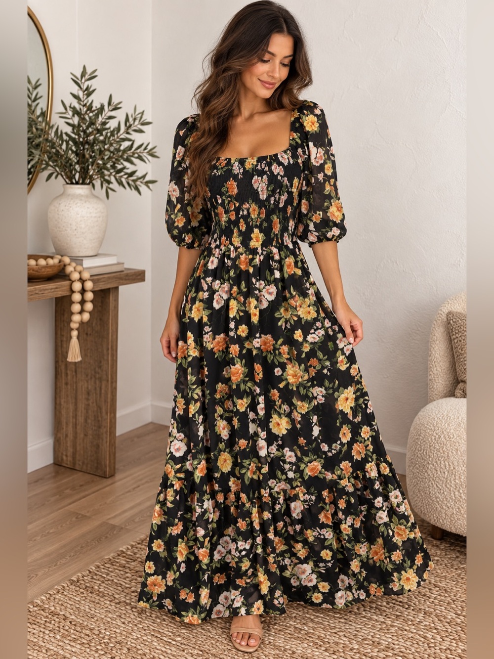 Flying Tomato Size L Black Floral Smocked Puff Sleeve Maxi Dress